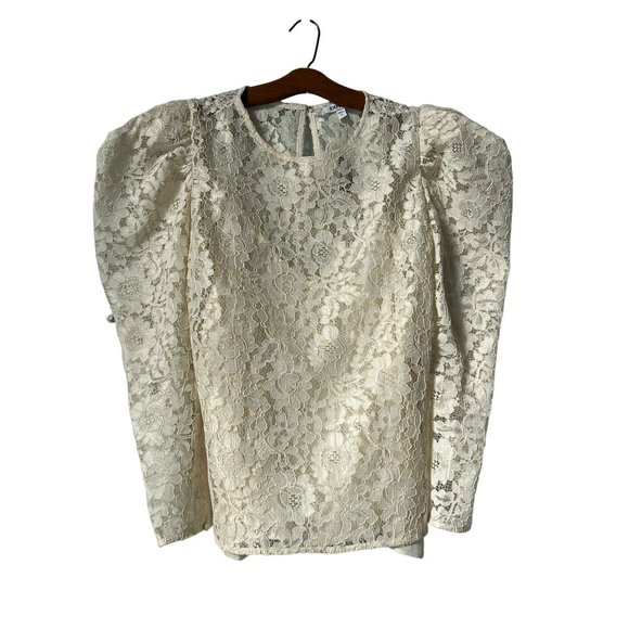 Express Lace Puff Mutton Sleeve Top Long Sleeve Blouse Women L Cream Keyhole NEW - Picture 2 of 8